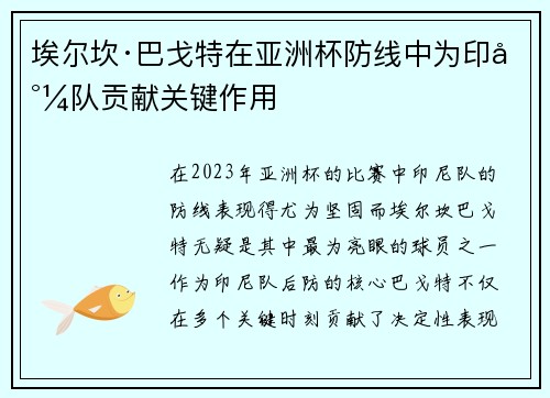 埃尔坎·巴戈特在亚洲杯防线中为印尼队贡献关键作用 埃尔坎·巴戈特在亚洲杯防线中为印尼队贡献关键作用